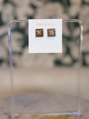 Tory Burch Square Logo Stud Earrings - Purple & Gold NWT